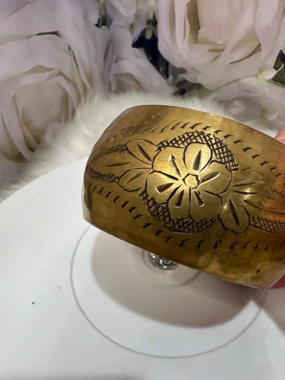 Vintage Brass Floral Engraved Cuff Bracelet